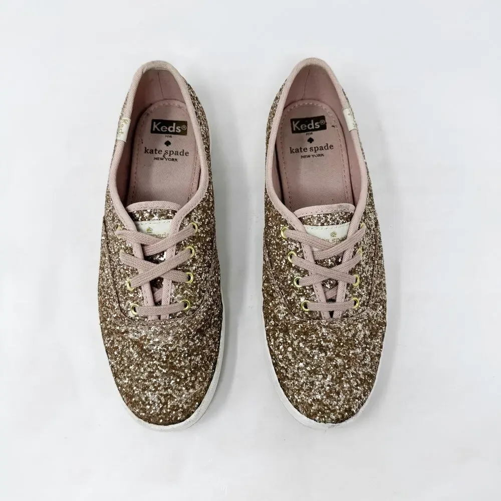 [Kate Spade] Keds Rose Gold Pink Glitter Sparkle Lace Up Champion Sneakers Sz 7